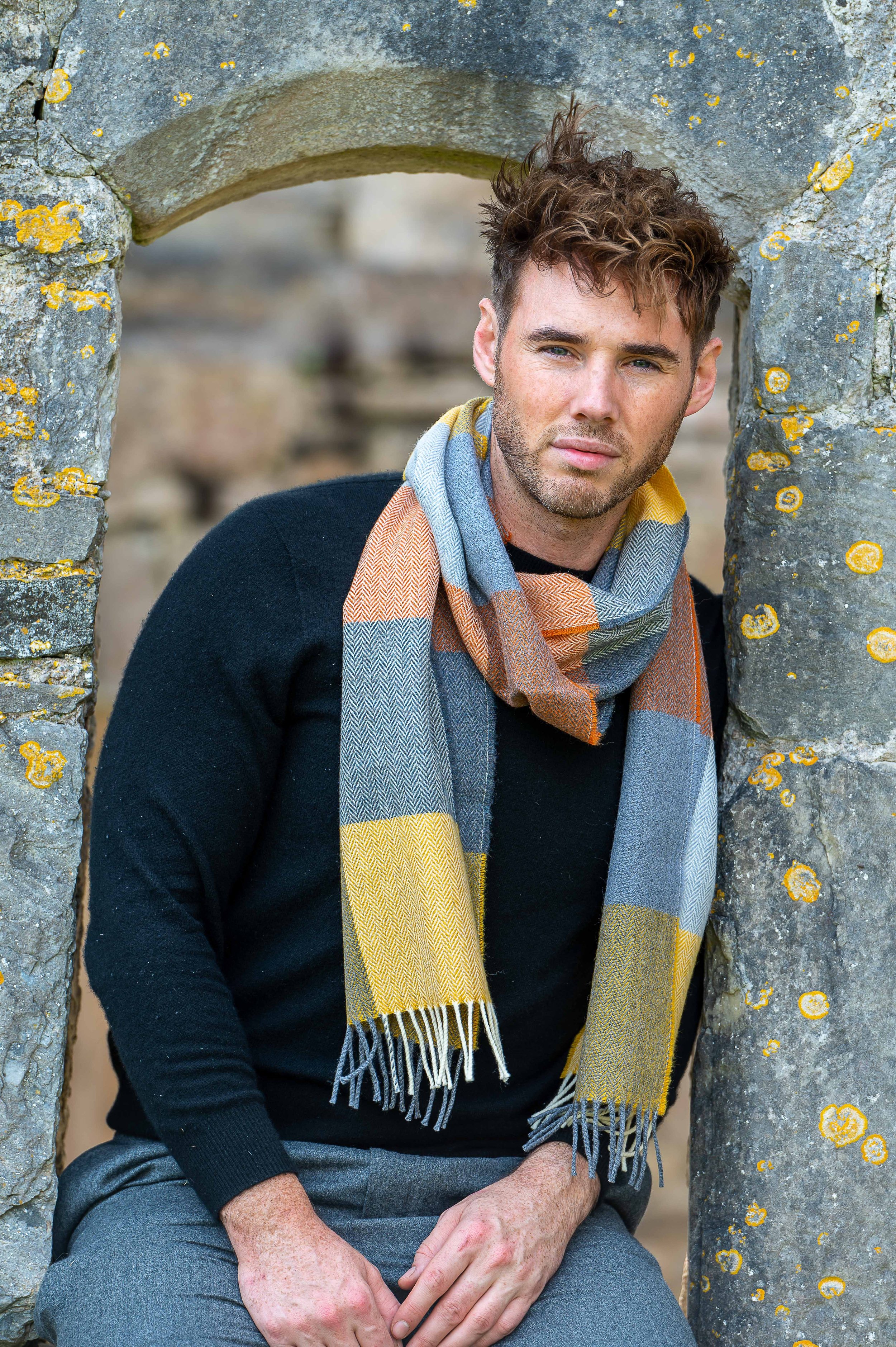 Orange & Smoke Check Merino Lambswool Scarf | McNutt of Donegal